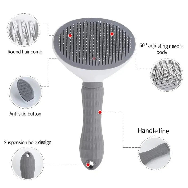 Pet slicker grooming brush with pin comb head and gripped handle, layout view