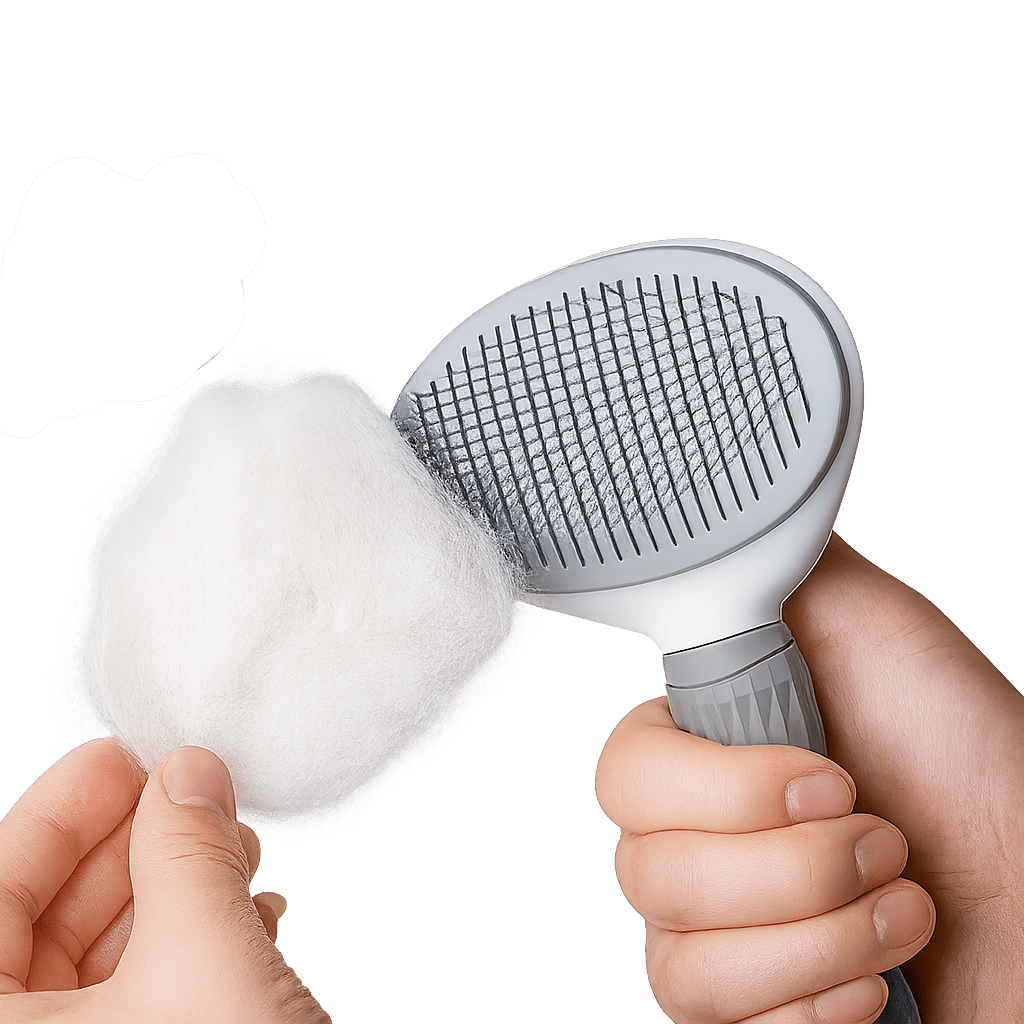 Pet slicker grooming brush with round metal pins and gray handle.