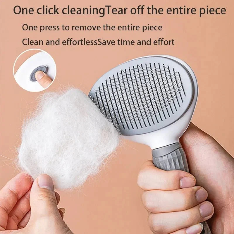 Pet slicker grooming brush with round pin head, gray handle, lifting pet fur.