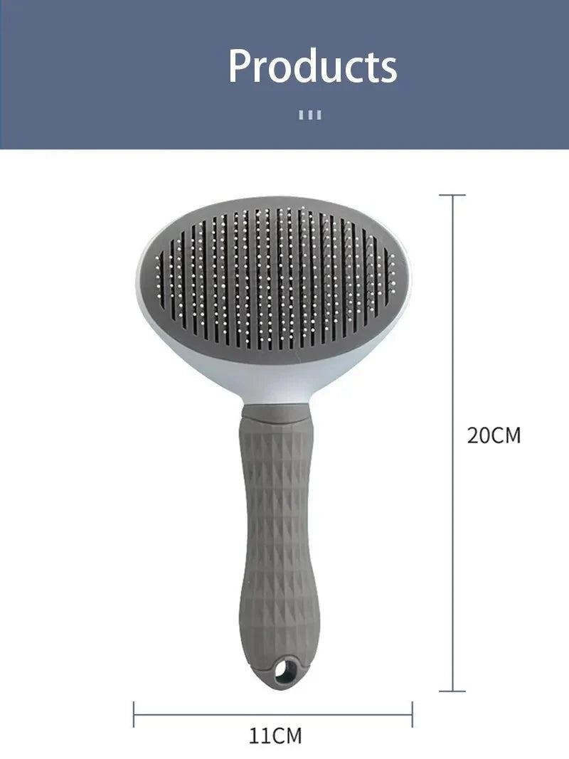 Gray pet slicker grooming brush with round comb head, metal pins, and textured handle