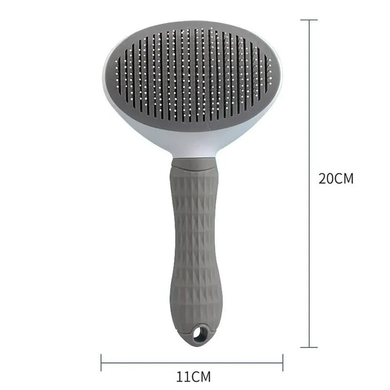 Pet grooming slicker brush with gray pin plate and handle, sized 11cm x 20cm.