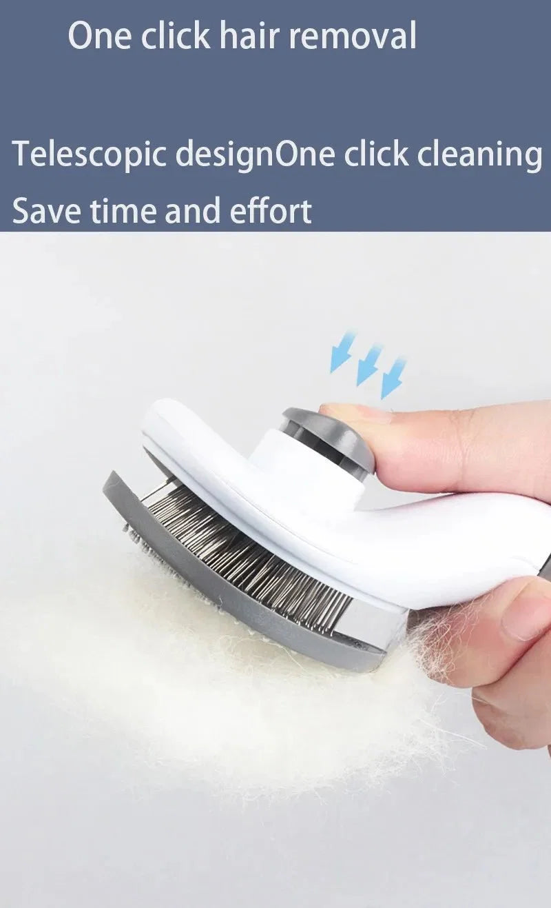 Pet hair removal brush gliding across pet fur with gray pin head.