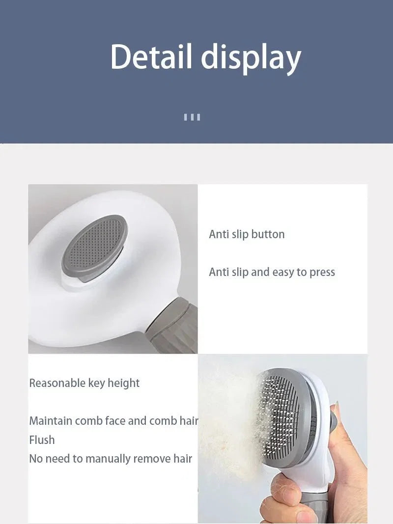 Gray pet slicker grooming brush with non-slip button and round comb head
