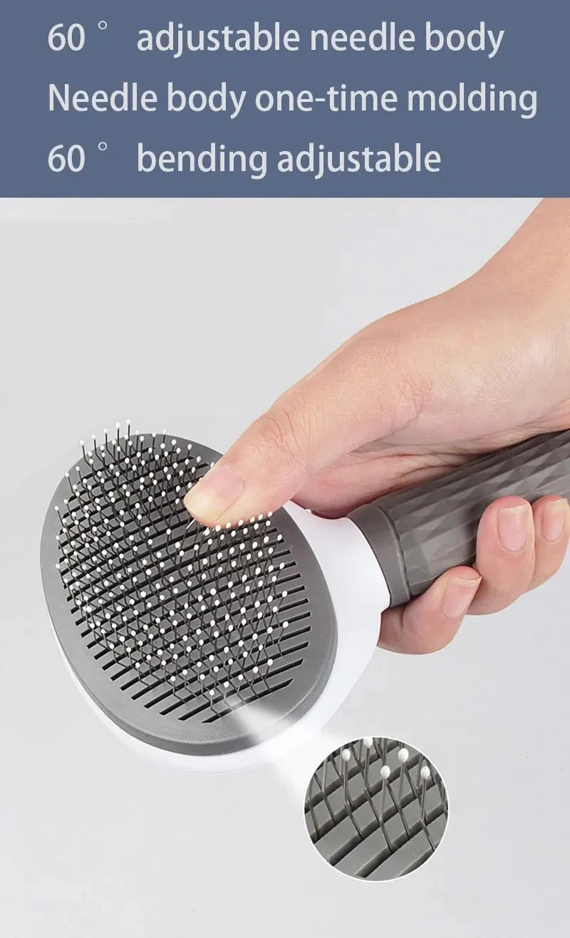 Adjustable-needle pet slicker brush with gray pin pad and handle.