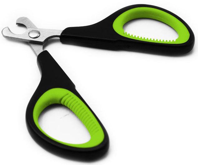 Open pet nail clipper with green textured grips and stainless steel cutting blades