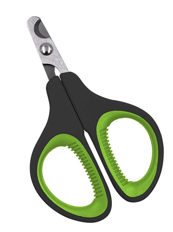 Pet nail clipper with curved metal blades and black handles with green grips