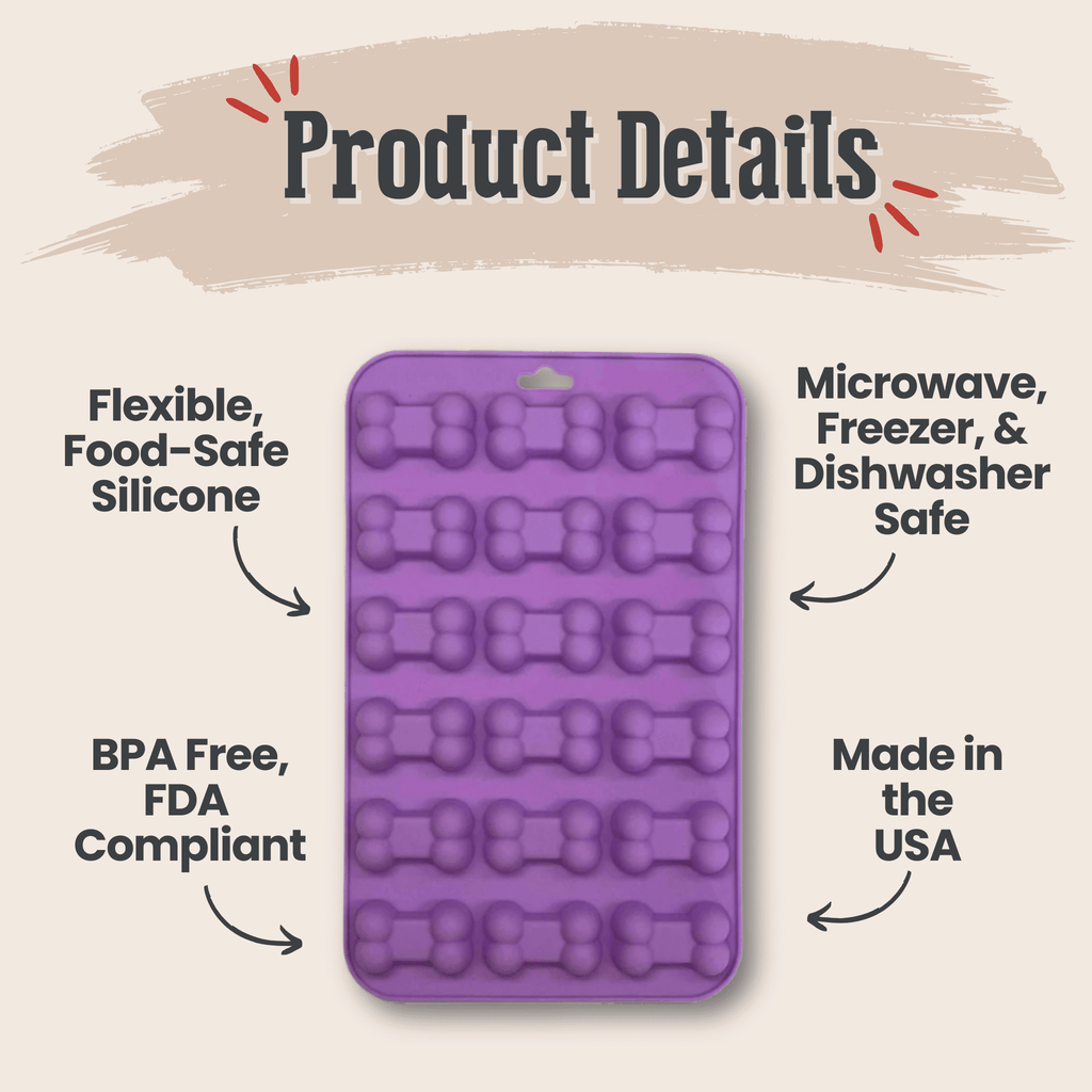 Purple silicone pet treat mold with handle and bone-shaped cavities, front view