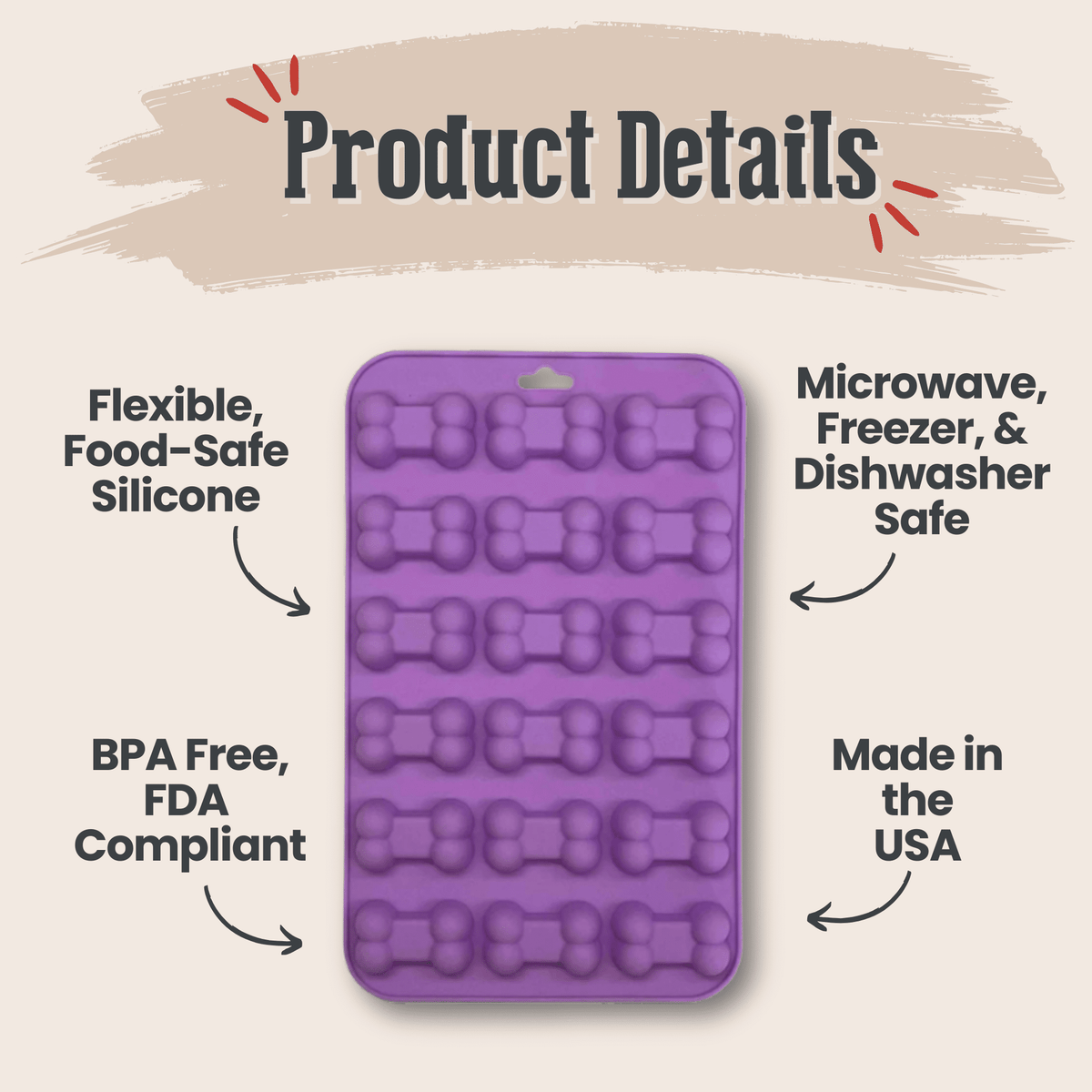 Purple silicone pet treat mold with handle and bone-shaped cavities, front view