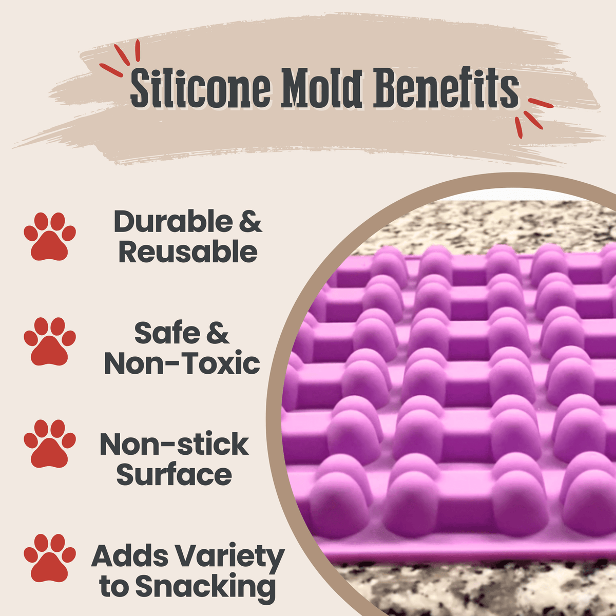 Purple silicone pet treat mold with bone-and-bar shaped cavities on a tray