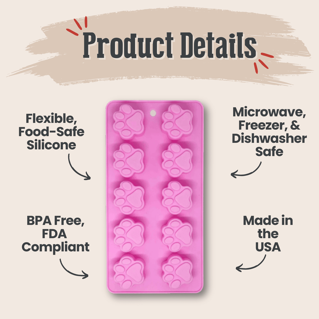 Pink silicone pet treat mold with paw-print cavities