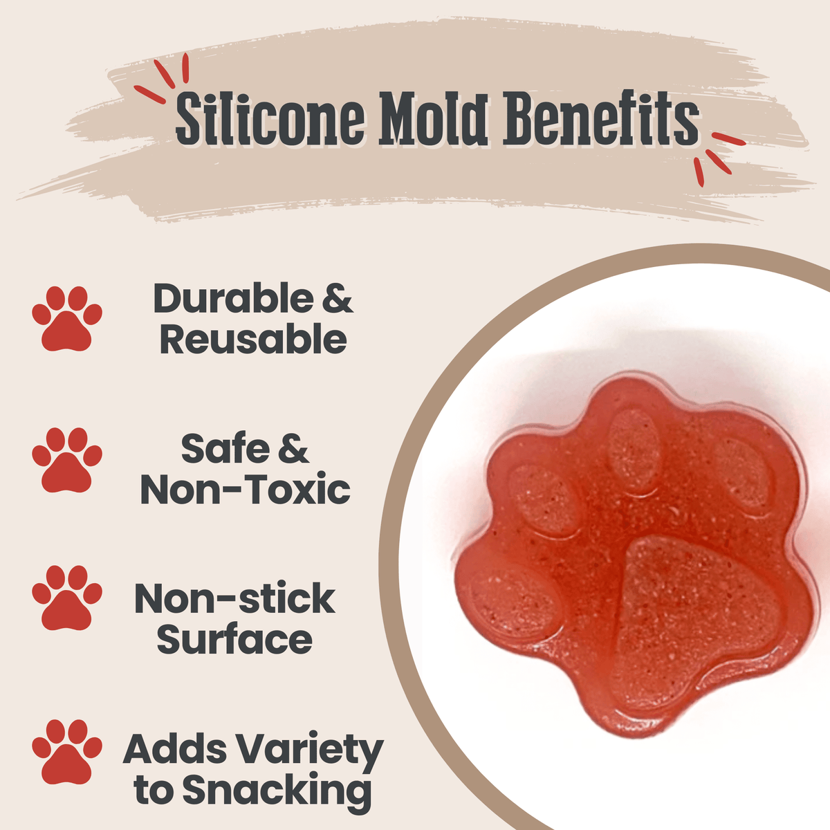 Red paw-shaped pet treats set in a silicone mold cavity
