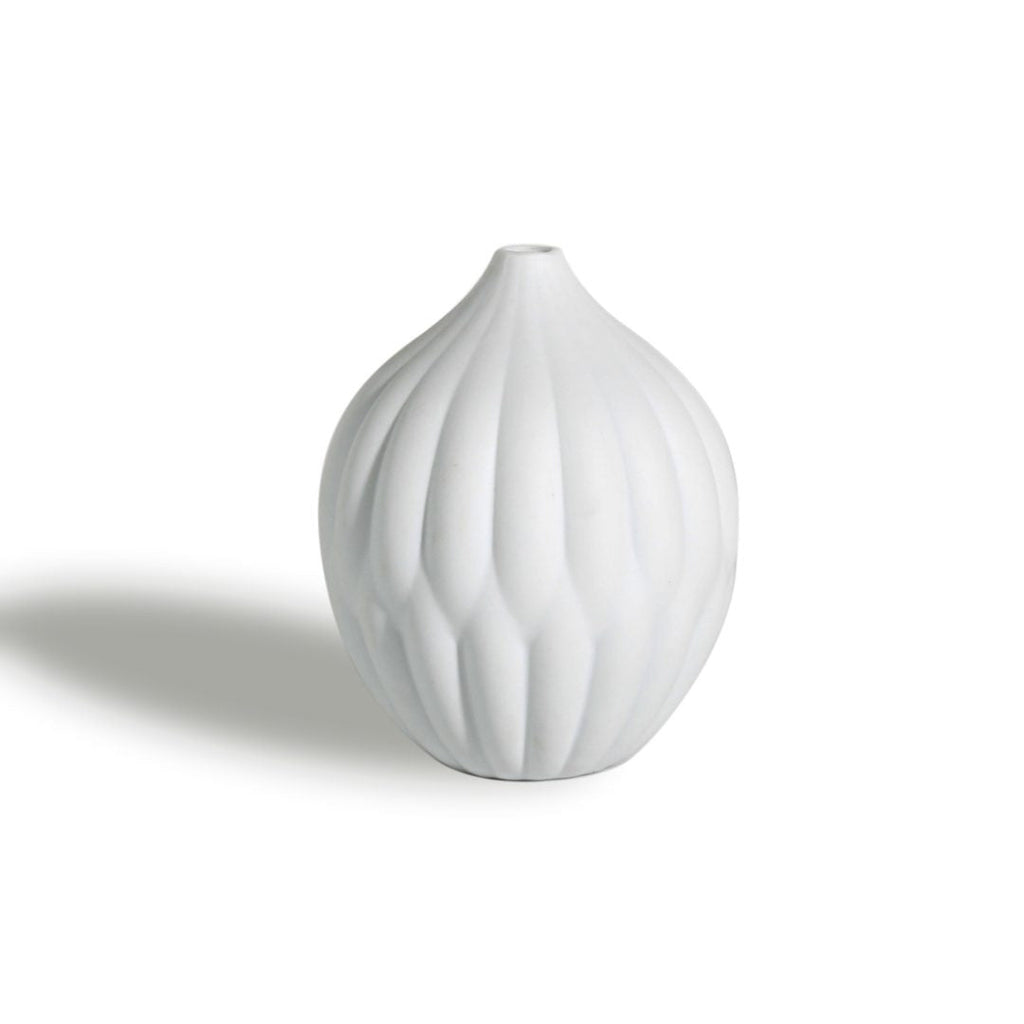 White textured porcelain vase with ribbed bulb shape