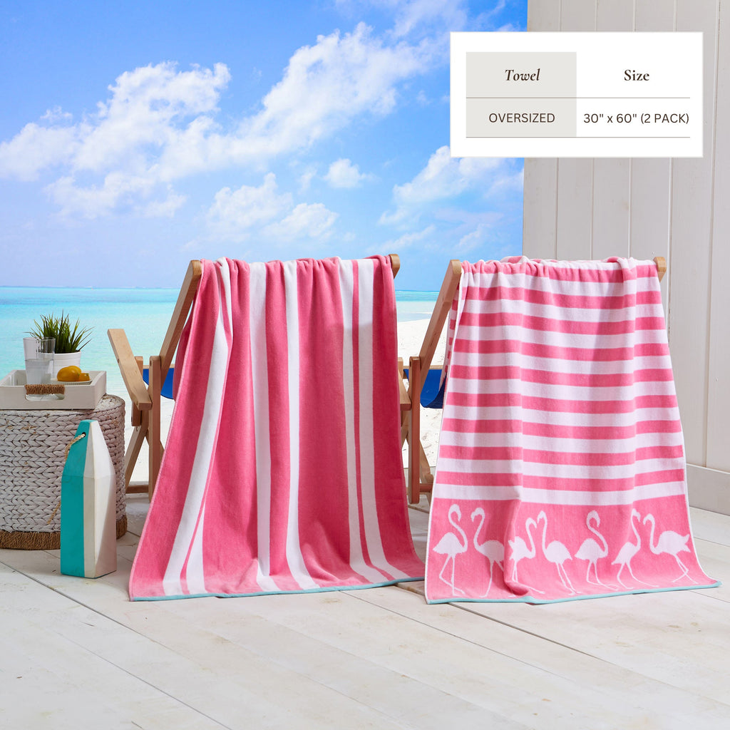 Pink cotton velour towels on chairs, one striped and one with animal motif