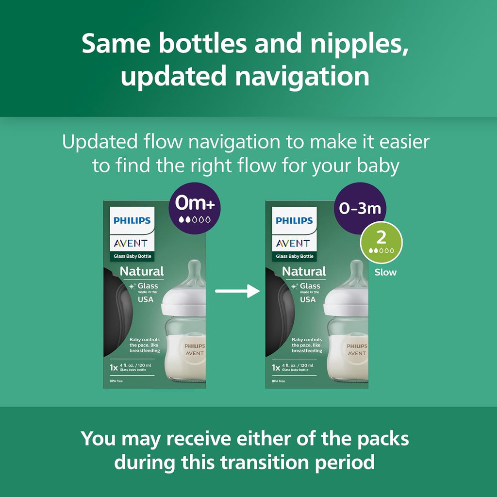 Updated baby bottle and nipple packaging showing flow options transition