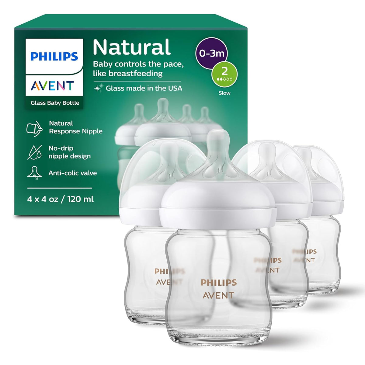 Glass baby bottles 4-pack with Natural Response nipples, slow flow, retail box