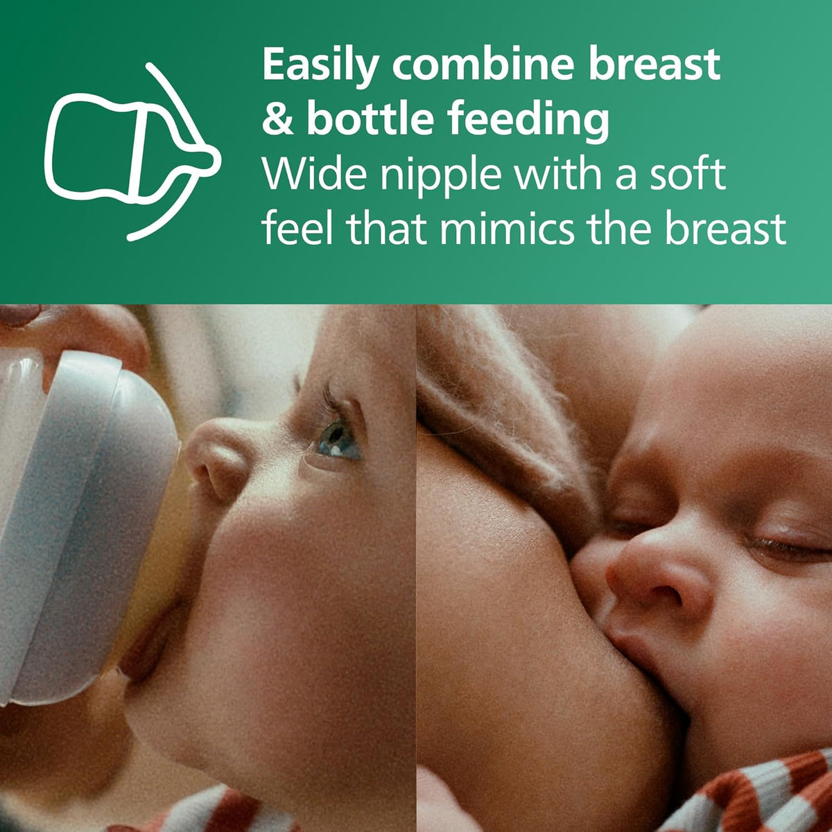 Close-up of baby drinking from clear Philips Avent bottle with soft wide nipple