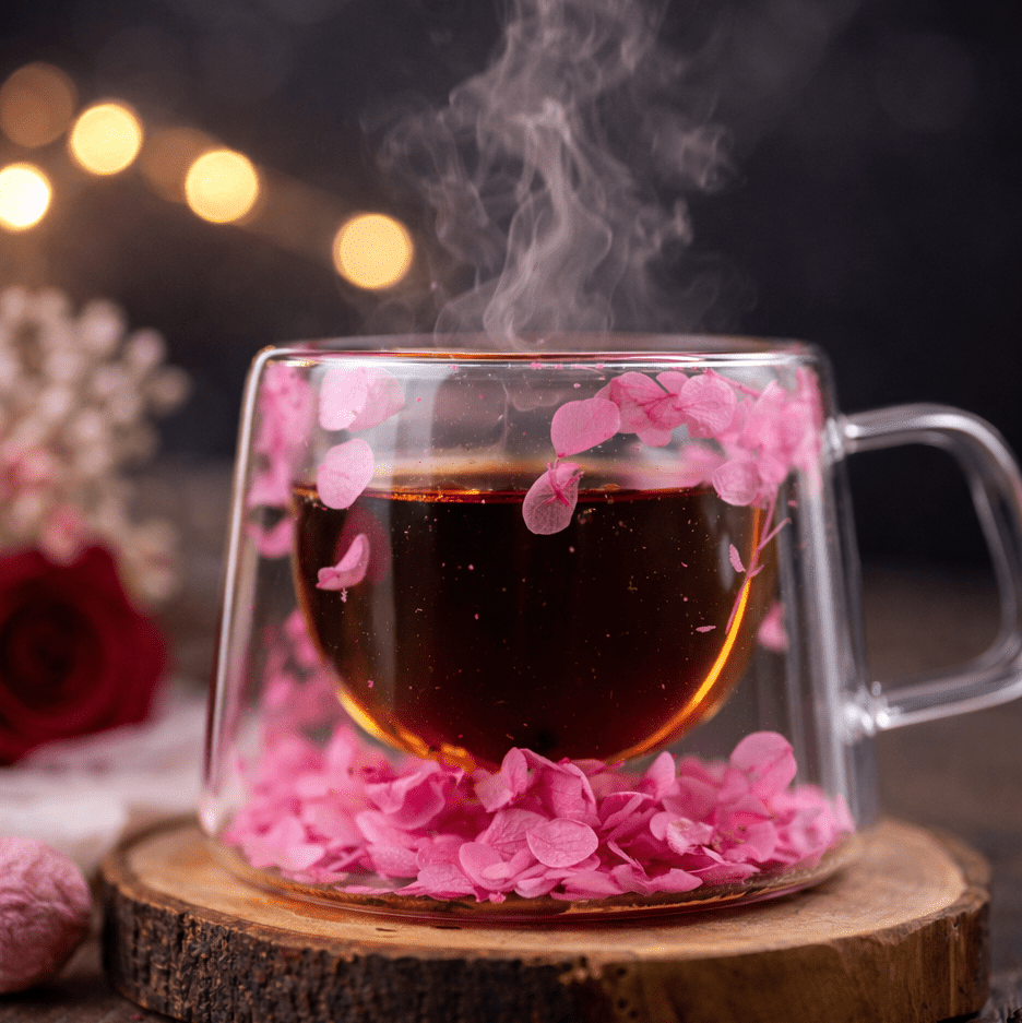 Floral glass mug with pink dried flower petals and clear handle, filled with dark tea