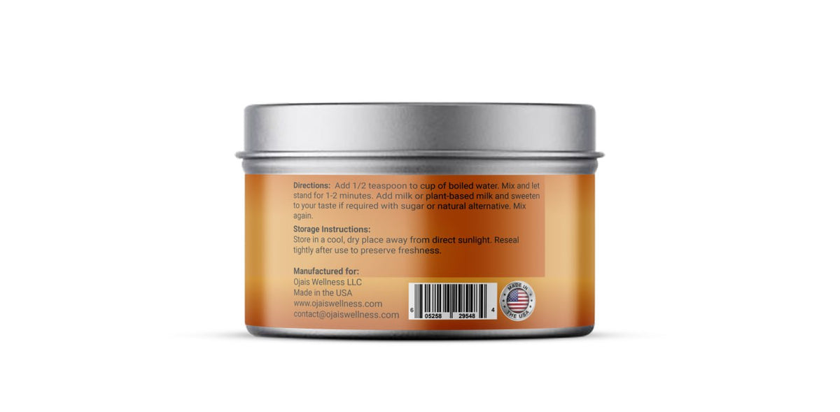 OJais chai mix canister with back label and barcode on orange container