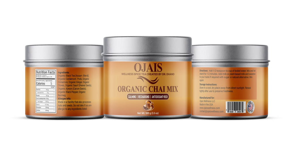 OJais chai mix canisters, orange label sides and nutrition panel visible