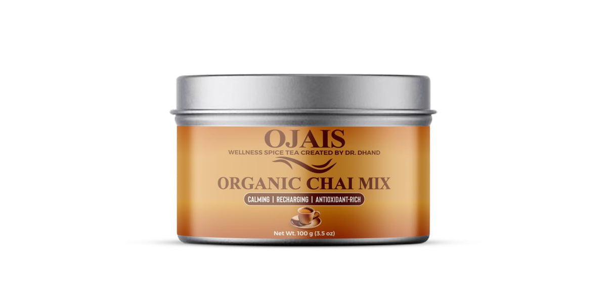 OJais chai mix canister with front branding and silver lid