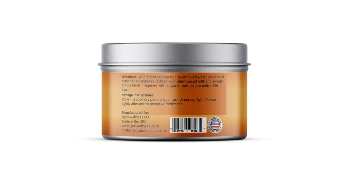 OJais chai mix canister with back text panel and barcode on orange jar