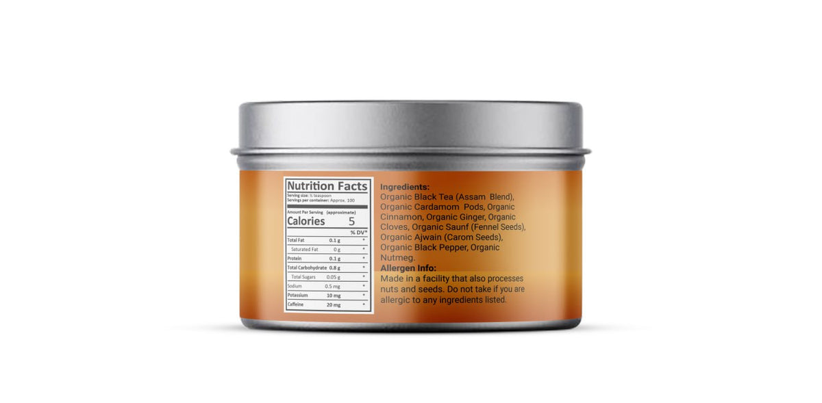 OJais chai mix canister with nutrition facts panel on orange jar