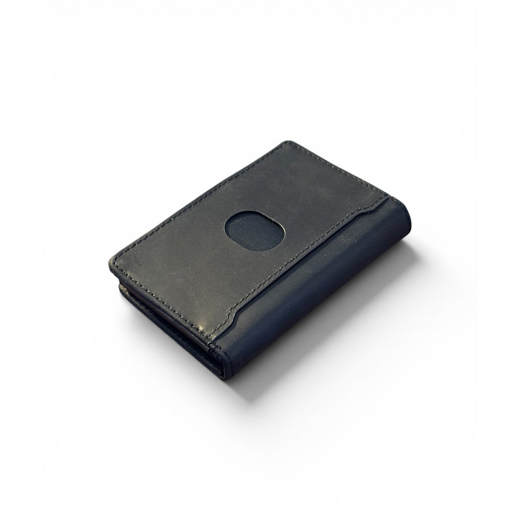 Dark gray leather bifold wallet with oval card slot and stitched border