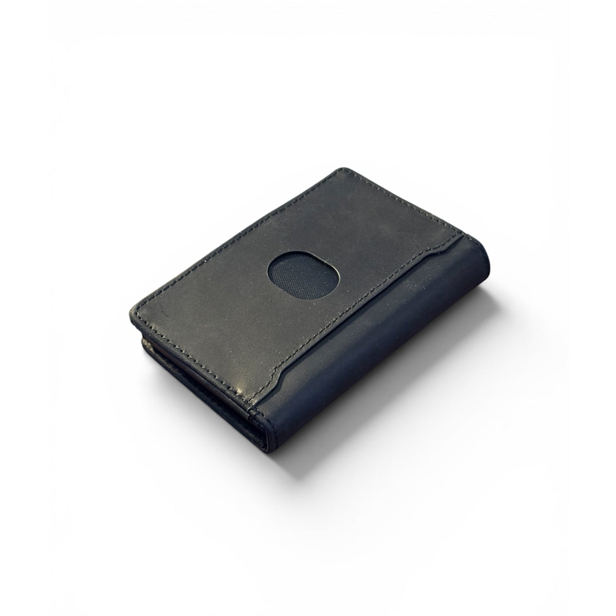 Dark gray leather bifold wallet with oval card slot and stitched border