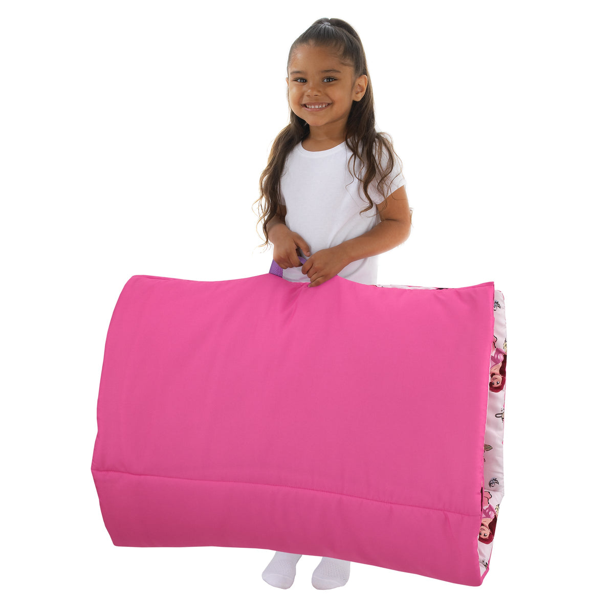 Toddler nap mat with bright pink cover and side panel showing princess character print