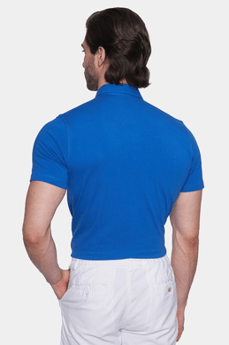 Royal blue mercerized cotton polo shirt, back view with ribbed collar.