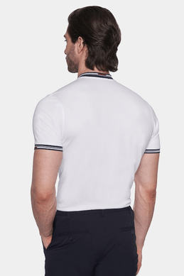 Men's white polo shirt back view with striped collar trim and short striped sleeves