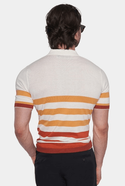 Back view of cream polo shirt with orange and red horizontal stripe band across upper back