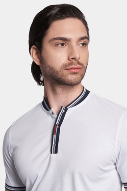 Men's white mercerized cotton polo with navy-and-red striped button placket