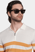 Cream polo shirt with striped bands and short zipper placket, knit short sleeves