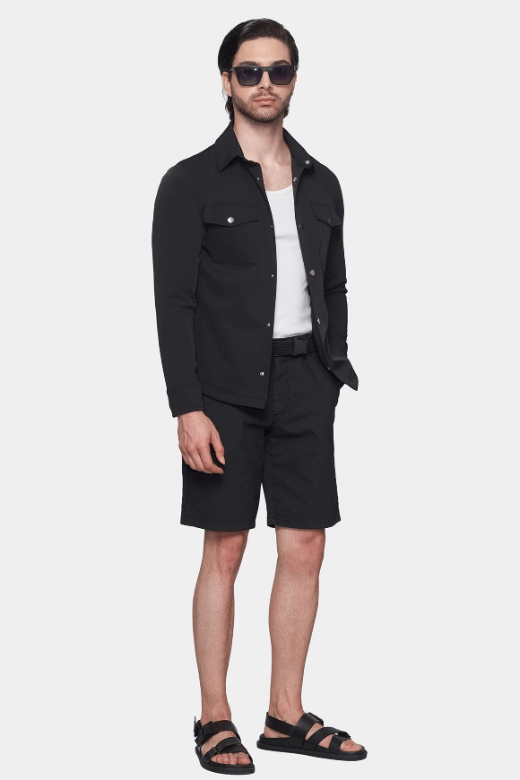 Black summer shorts, knee length, with front pockets and relaxed fit