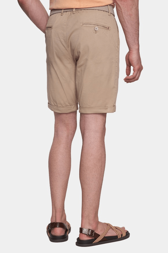 Cream summer shorts with rear pockets and belt loops, side view