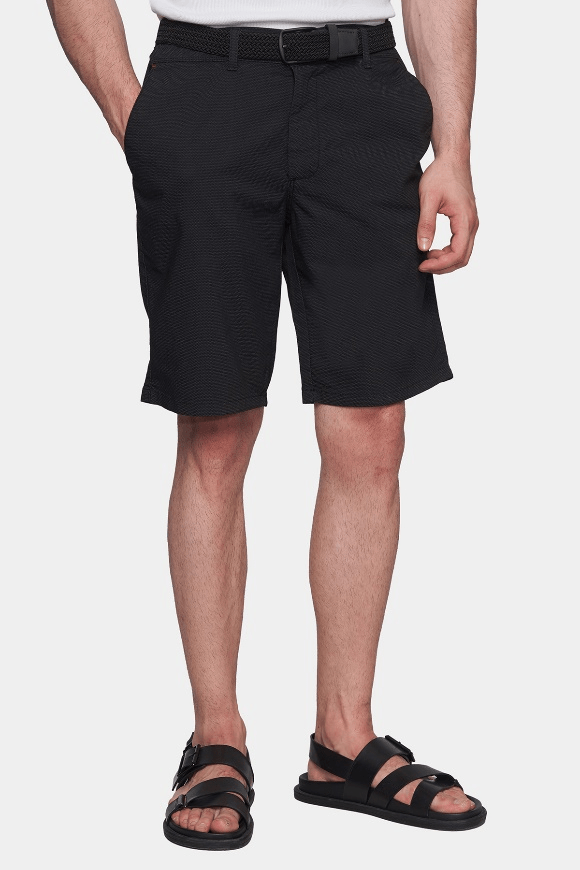 Black summer shorts with belt loops, side pockets, and button closure