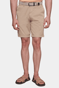 Cream summer shorts with belt loops, front pockets, and button closure