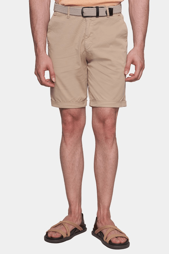 Cream summer shorts with belt loops, front pockets, and button closure