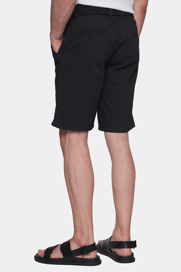 Back view of black summer shorts with double pleat front and straight hem