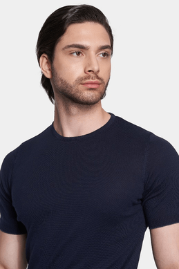 Dark navy crew-neck short-sleeve knit shirt, close-up
