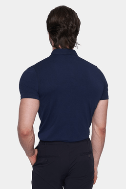 Navy polo shirt back with short sleeves and collar seam, back view