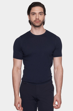 Dark navy crew-neck short-sleeve knit shirt, front view