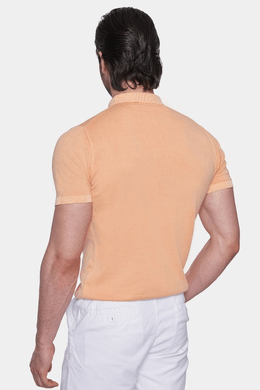 Back view of creamsicle orange mercerized cotton polo shirt with short sleeves
