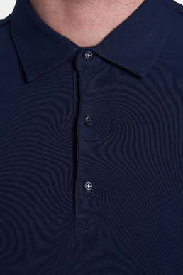 Navy polo collar with button placket and four-button detail, knit texture