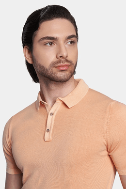 Mens creamsicle orange mercerized cotton polo shirt, collared neckline and buttons