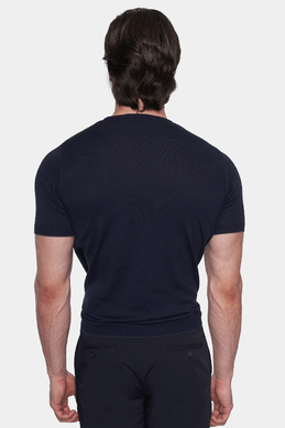 Dark navy crew-neck short-sleeve knit shirt, back view