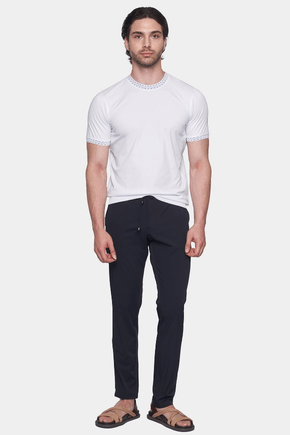 White short-sleeve crewneck T-shirt with patterned trim on sleeve hems