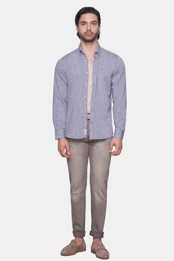 Men's lavender linen button-up shirt, full front view with long sleeves