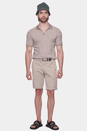 Cotton polo shirt with short sleeves and quarter-zip, pale beige knit